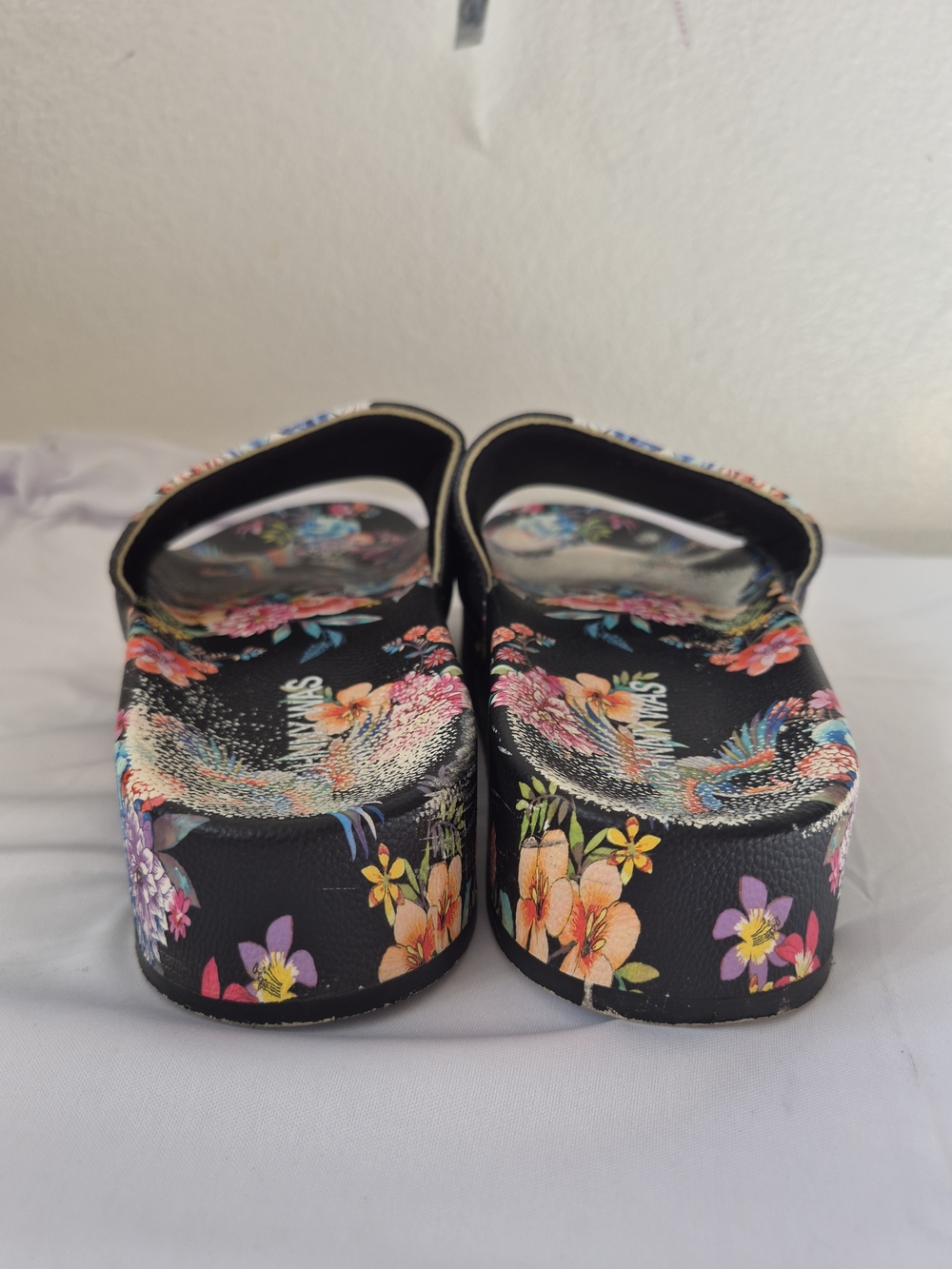 Johnny Was Floral Bird Print Black Slide Sandals 8 - Picture 7 of 8